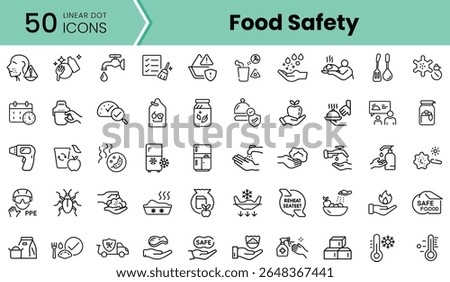 A collection of 50 linear icons representing food safety. The designs include handwashing, PPE, safe food storage, and hygiene practices showcased in a cohesive style.