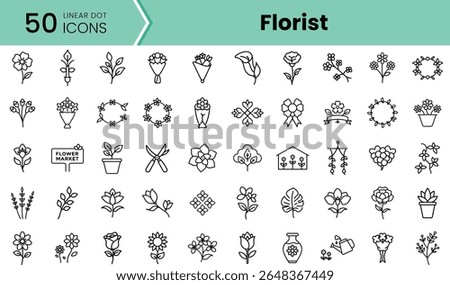 A collection of 50 linear icons representing various elements of floristry. Ideal for graphic designers and floral enthusiasts, showcasing flowers, vases, and gardening tools.