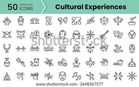 A collection of 50 linear icons representing various cultural experiences, showcasing diverse symbols from arts, music, traditions, and local crafts.