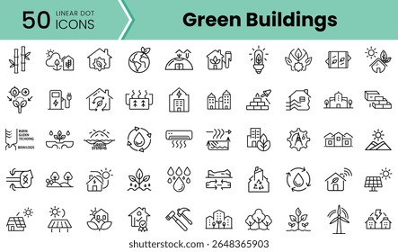 A collection of 50 linear icons showcasing green building concepts, including sustainable architecture elements, energy efficiency symbols, and eco-friendly designs.