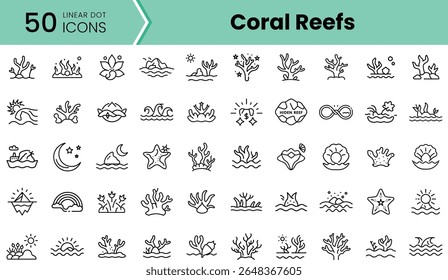 A collection of 50 linear icons showcasing various elements of coral reefs, including corals, sea creatures, and underwater scenes, designed in a minimalist style.