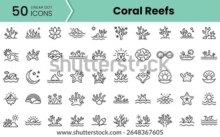 A collection of 50 linear icons showcasing various elements of coral reefs, including corals, sea creatures, and underwater scenes, designed in a minimalist style.