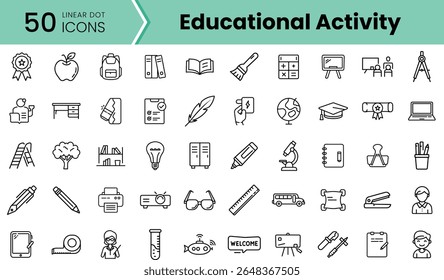 A collection of 50 linear icons symbolizing various educational activities, featuring elements like books, a globe, and school supplies in a clean, minimalist style.