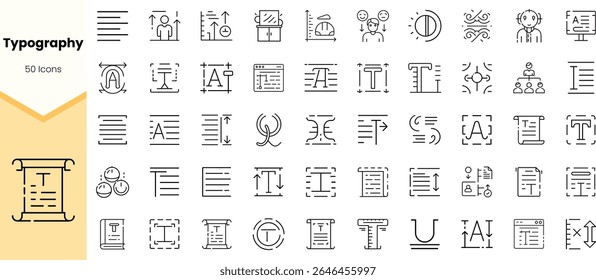 A collection of 50 linear typography icons, showcasing diverse symbols related to text, formatting, and design elements. Ideal for digital design projects.