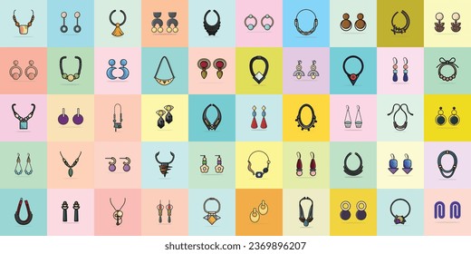 Collection of 50 Luxury Women Events Neck Necklaces and Earrings with Gemstone vector illustration. Beauty fashion objects icon concept. Set of girls fashion accessories vector design.