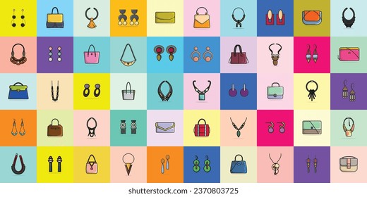 Collection of 50 Luxury Women Events Earrings, Handbags and Neck Necklaces vector illustration. Beauty fashion objects icon concept. Set of women fashion jewelry accessories vector design.