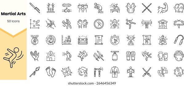 Uma coleção de 50 ícones de artes marciais, mostrando várias técnicas, equipamentos e movimentos em um design minimalista em preto e branco.