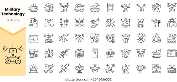 A collection of 50 military technology icons, showcasing various advanced equipment and innovations, including drones, robots, and weaponry design elements.