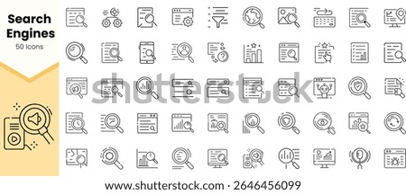 A collection of 50 minimal line icons representing various aspects of search engines, including search queries, analytics, and user interactions.