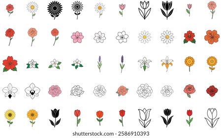 A collection of 50 minimalist and abstract line art flower illustrations, perfect for branding, prints, tattoos, and digital artwork.