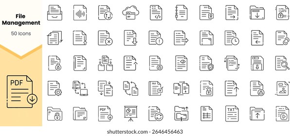 A collection of 50 minimalist file management icons, featuring various document formats and actions. The design is sleek and monochromatic, ideal for digital interfaces.