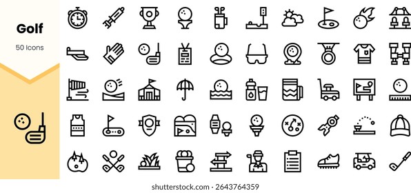 A collection of 50 minimalist golf icons showcasing various aspects of the sport, including equipment, activities, and leisure elements. Perfect for golf enthusiasts.