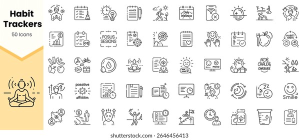 A collection of 50 minimalist habit tracker icons, featuring various wellness and productivity themes, suitable for personal development applications.