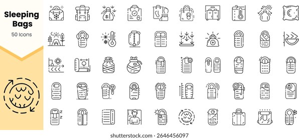 A collection of 50 minimalist icons depicting various sleeping bags and camping gear, perfect for outdoor enthusiasts and camping applications.