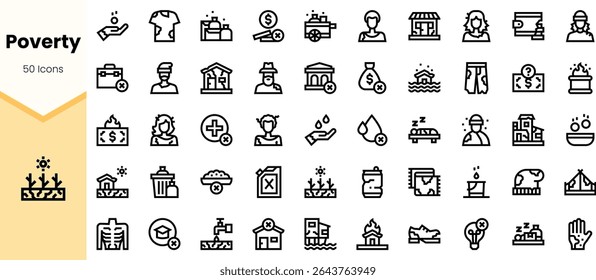 Uma coleção de 50 ícones minimalistas representando vários aspectos da pobreza, mostrando questões como saúde, educação e necessidades básicas em um design monocromático.