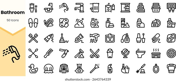 A collection of 50 minimalist icons representing various bathroom items, including toiletries, cleaning supplies, and personal care products, ideal for design projects.