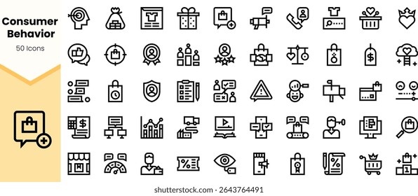 A collection of 50 minimalist icons representing consumer behavior, including elements like feedback, charts, and communication symbols, all in a cohesive design.