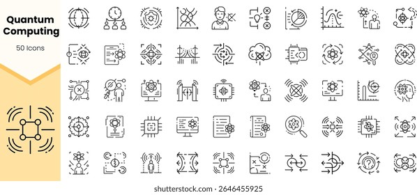 Uma coleção de 50 ícones minimalistas representando conceitos de computação quântica, apresentando símbolos como bits quânticos, entrelaçamento e algoritmos em um estilo monocromático elegante.