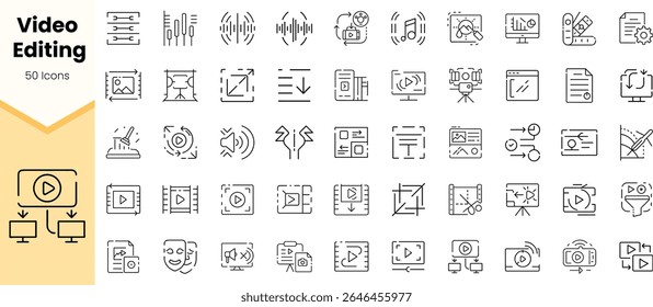 A collection of 50 minimalist icons representing video editing tools, showcasing elements like play buttons, timelines, and editing features in a clean, uniform style.