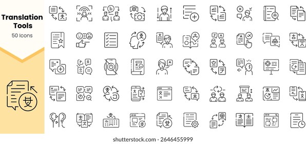 A collection of 50 minimalist icons representing translation tools, featuring symbols of communication, documents, and global connectivity in a sleek design.