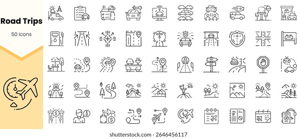 A collection of 50 minimalist icons representing various aspects of road trips, including vehicles, landmarks, and navigation tools designed in a sleek, modern style.