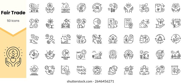 A collection of 50 minimalist icons representing fair trade concepts, including sustainability, social responsibility, and ethical practices, using clean line drawings.