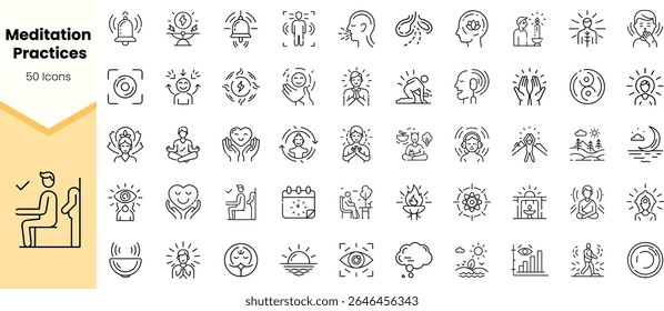 A collection of 50 minimalist icons representing various meditation practices, including mindfulness, relaxation, and spiritual growth, perfect for wellness-themed projects.
