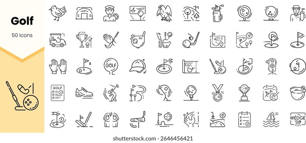A collection of 50 minimalist icons representing various aspects of golf, including players, equipment, and events, perfect for sports-themed graphics.