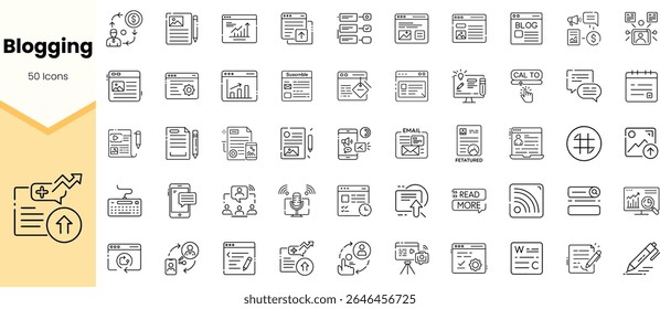 Uma coleção de 50 ícones minimalistas representando vários aspectos dos blogs, mostrando elementos como criação de conteúdo, lógica analítica e envolvimento do público.
