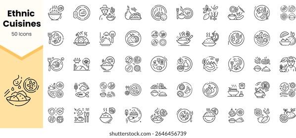 Uma coleção de 50 ícones minimalistas representando diversas cozinhas étnicas, mostrando tigelas, ingredientes e métodos de cozinha em um design limpo.
