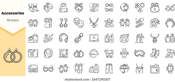 A collection of 50 minimalist icons representing various accessories like jewelry, headphones, and bags in a monochromatic style, perfect for web design or infographics.