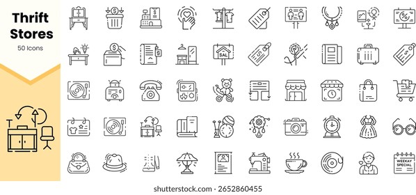 A collection of 50 minimalist icons representing thrift stores, featuring items like clothing, furniture, and accessories, designed in a clean, modern style.