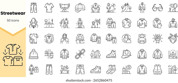 A collection of 50 minimalist icons representing streetwear fashion, including clothing, accessories, and various street styles in black and white.