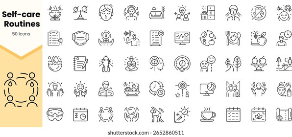 Uma coleção de 50 ícones minimalistas representando várias rotinas de autocuidado, mostrando atividades como meditação, leitura e relaxamento, ideal para promover o bem-estar.