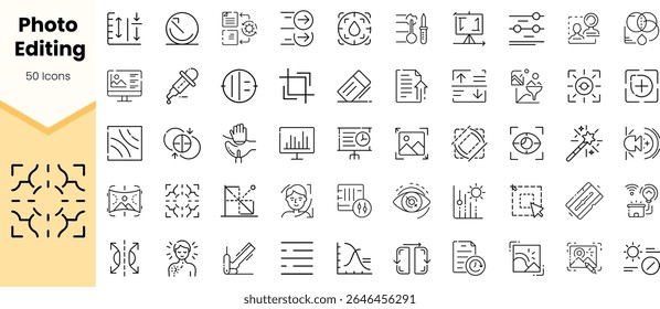 A collection of 50 minimalist line icons representing various aspects of photo editing, including tools, effects, and editing processes in a clean, organized layout.