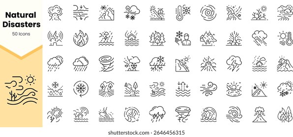 A collection of 50 minimalist line icons representing various natural disasters, including earthquakes, floods, wildfires, and storms in a sleek black-and-white design.