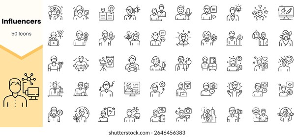 A collection of 50 minimalist line icons representing influencers, showcasing various activities and interactions in the digital space.