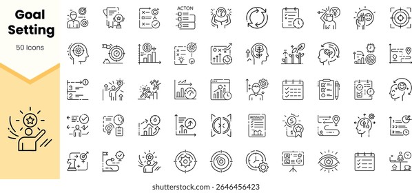 Uma coleção de 50 ícones de linha minimalistas representando a definição de metas, apresentando símbolos como metas, gráficos de progresso e ferramentas de planejamento, perfeito para ilustrações de produtividade.