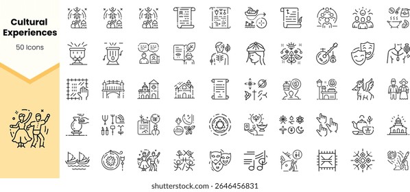 A collection of 50 minimalist line icons representing cultural experiences, including music, dance, food, and art, perfect for creative projects.