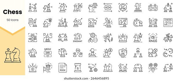 A collection of 50 minimalist line icons representing various aspects of chess, including pieces, strategies, and game elements, showcasing a vibrant chess culture.
