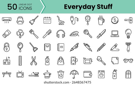 A collection of 50 minimalist linear icons representing everyday items, including tools, household objects, and personal accessories, all designed in a cohesive style.