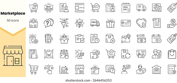 A collection of 50 minimalist marketplace icons featuring shopping carts, deals, and customer service, perfect for e-commerce and retail applications.
