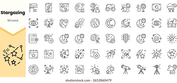 Uma coleção de 50 ícones minimalistas de observação estelar, apresentando elementos celestes como estrelas, luas e telescópios, ideais para entusiastas da astronomia e usos educacionais.