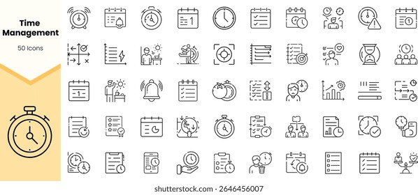A collection of 50 minimalist time management icons featuring clocks, schedules, timers, and productivity symbols, perfect for enhancing workflow and organization.