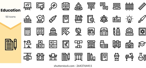 A collection of 50 minimalistic education-themed icons in black, depicting items like books, pencils, a globe, and graduation caps, set on a light background.