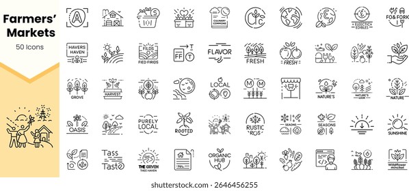 A collection of 50 minimalistic icons representing various features of farmers' markets, including fresh produce, local farming, and sustainable practices.