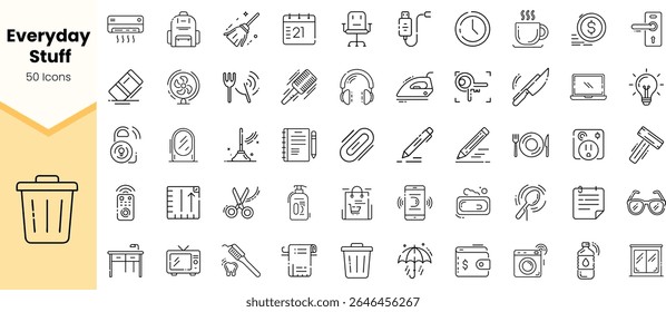 A collection of 50 minimalistic icons representing everyday items such as stationery, appliances, and tools, featuring a modern, monochrome design.