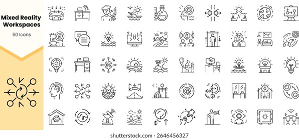 A collection of 50 minimalistic icons representing mixed reality workspaces, featuring various elements like desks, computers, and creative concepts in a sleek design.