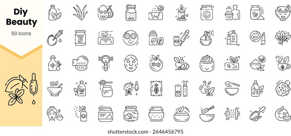 Uma coleção de 50 ícones minimalistas representando produtos de beleza DIY e rotinas de cuidados com a pele, com frascos, máscaras e ingredientes naturais, definidos em um fundo limpo.