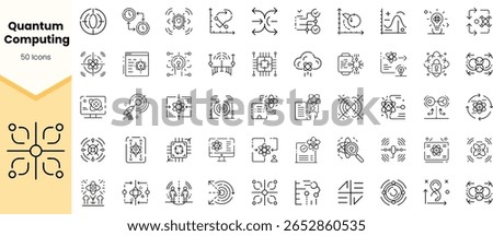 A collection of 50 minimalistic icons representing various concepts associated with quantum computing, illustrated in a sleek and modern design.